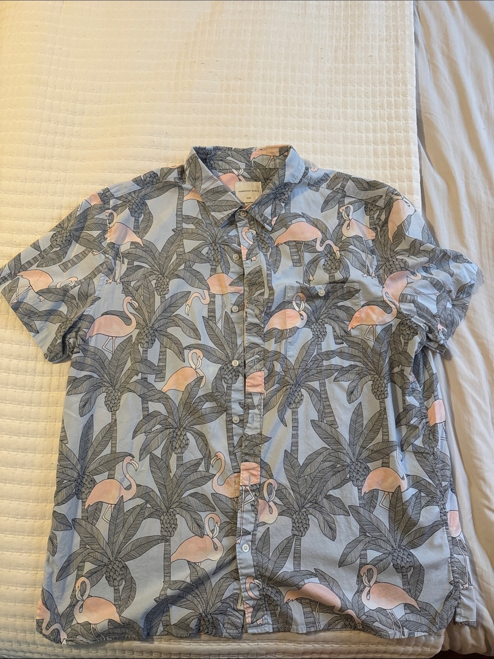 American Eagle Outfitters Light Blue Short-Sleeve Flamingo & Palm Shirt